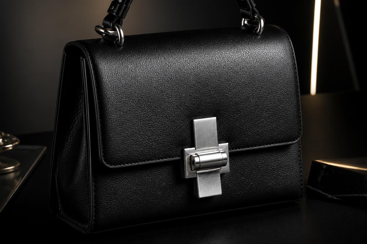 Luxury black leather handbag with silver hardware